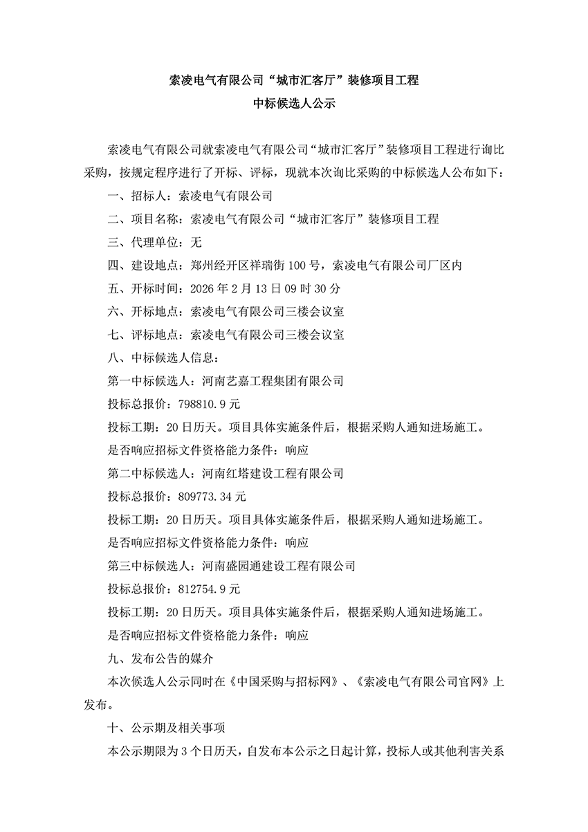 kaiyun体育（中国）有限公司官网“城市汇客厅”装修项目工程 中标候选人公示